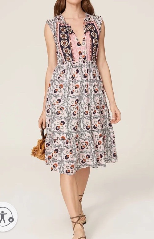 Figue Clara Tiered Dress Sz M Midi White Blue Floral Boho Cottagecore