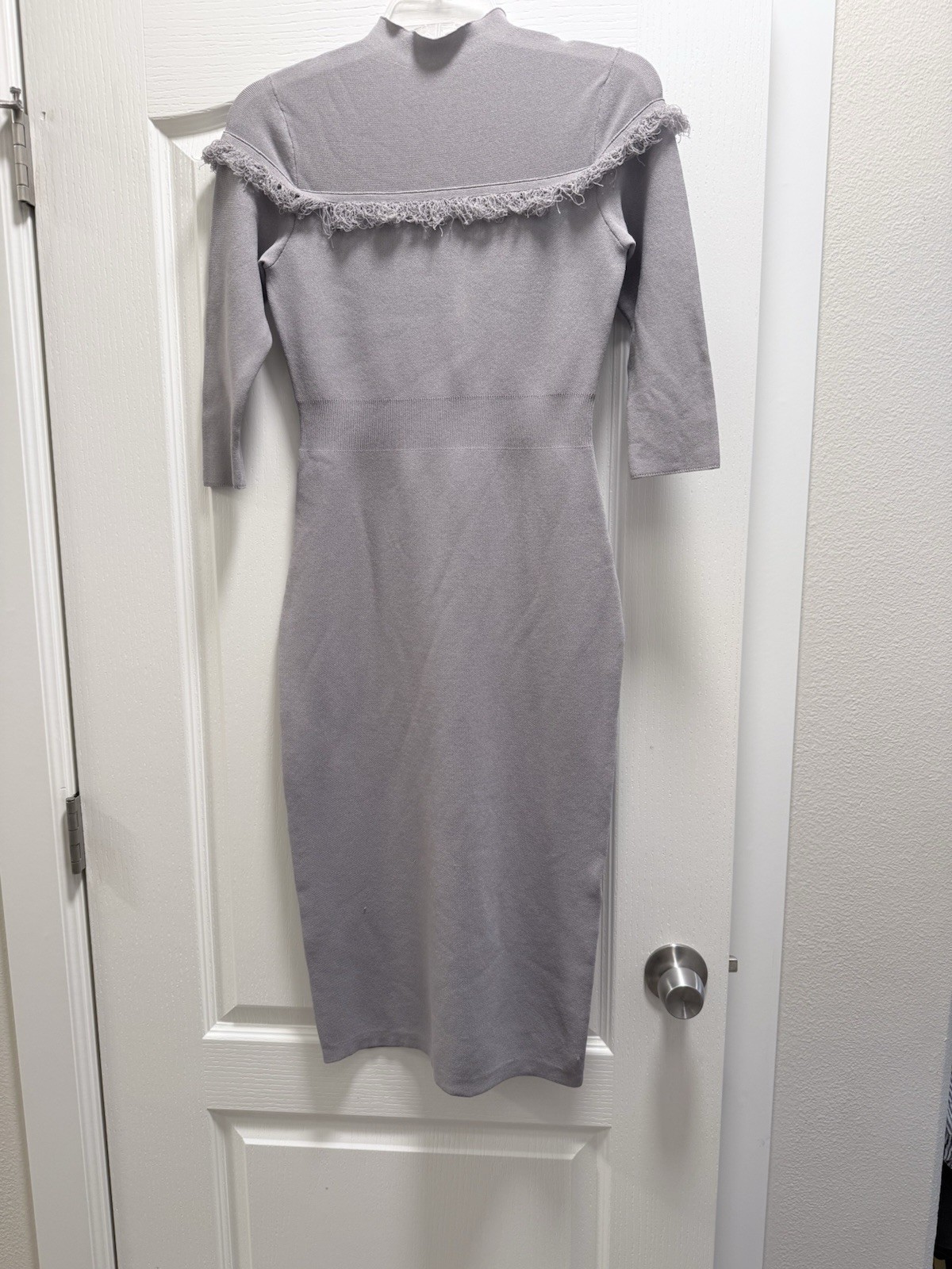 eva mendes for New York & Company Gray Midi Bodycon Dress with Fringe Yoke
