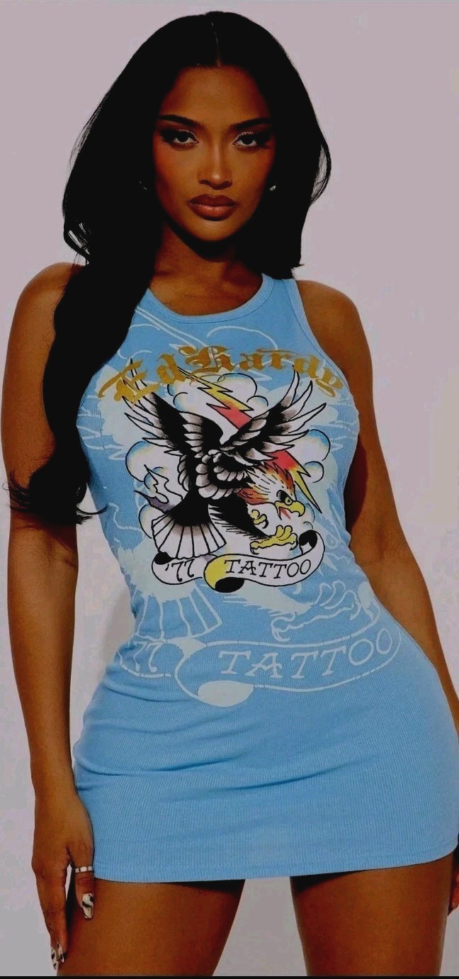 Ed Hardy- 77 Eagle Rib Tank Mini Dress Size Med Powder Blue- NEW WITH TAGS