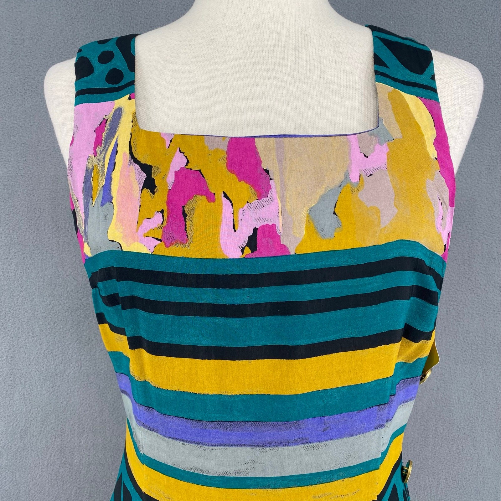 Vtg 80s 90s NOS Artsy Square Neck Sleeveless Pencil Dress S Retro Resort Wear