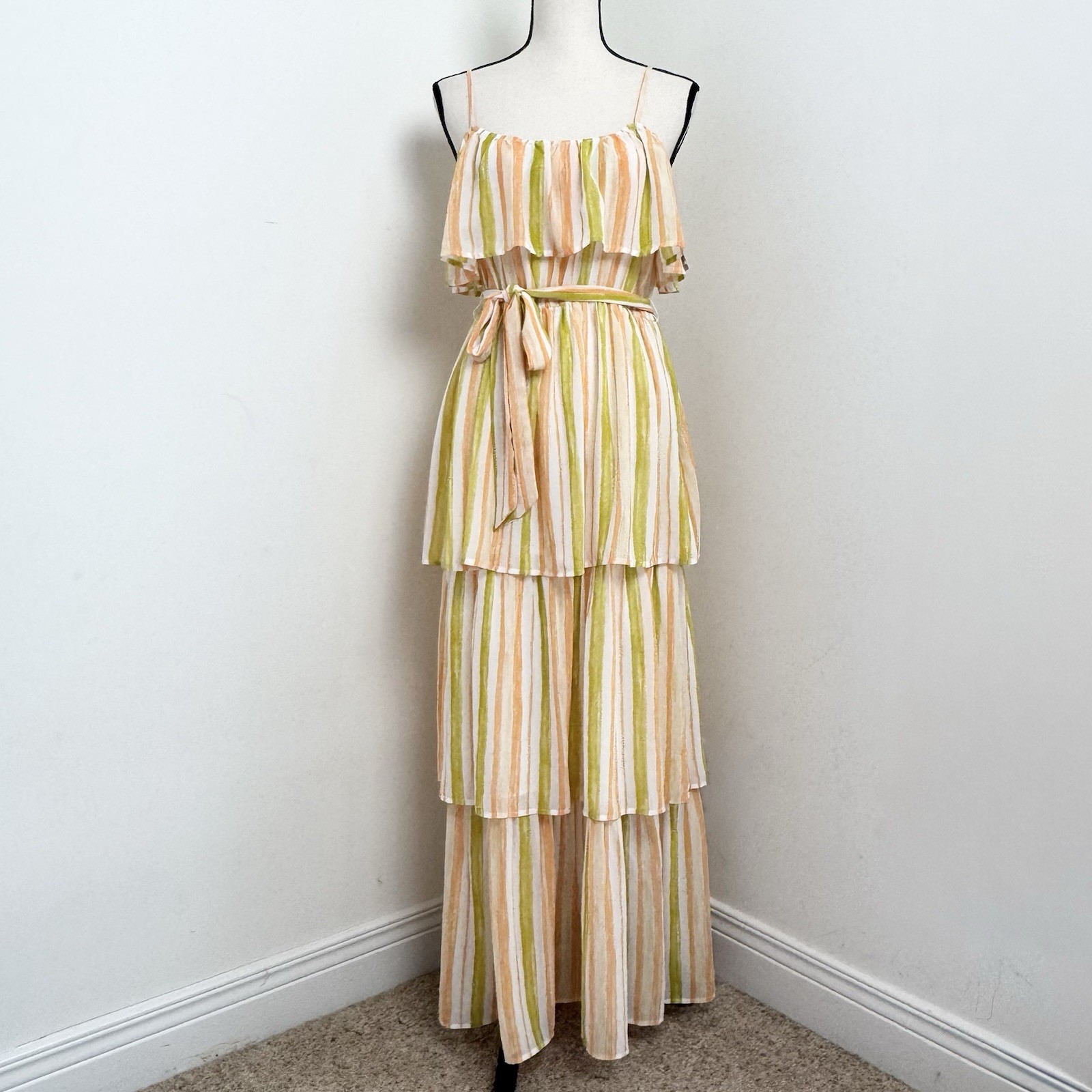 Evolutionary Ruffle Tiered Striped Maxi Dress XL Chiffon Boho Resort Coastal