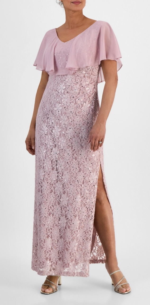 Connected Lace Gown 16 Sequined Chiffon Overlay Side Slit Mauve Pink NWT $109