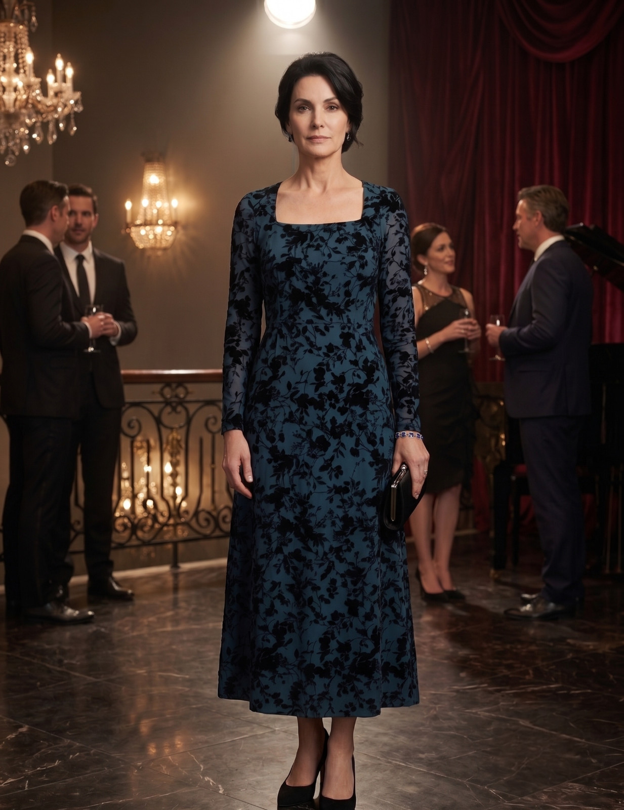 Ember Flocked Floral Square-Neck Midi Dress Color Midnight Blue Size Large