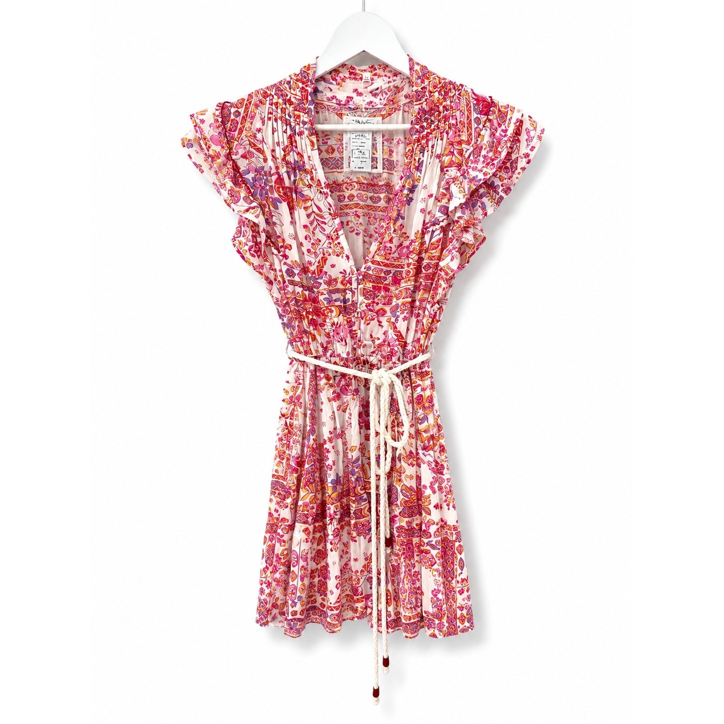 Poupette St Barth Pink Floral Paisley Ruffle Mini Dress Size M Drawstring Waist