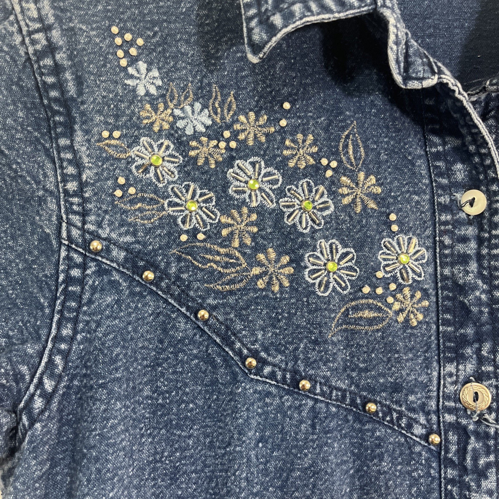 JANE ASHLEY Denim Dress M/L Pockets Floral Embroidered Cottage Peasant 90s VTG