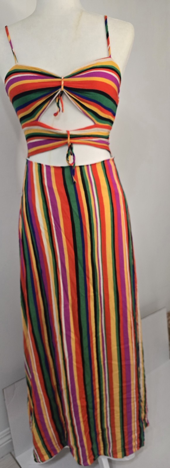 Boho Striped Cut-Out Maxi Dress Rainbow Summer Festival Whimsigoth Rasta Reggae
