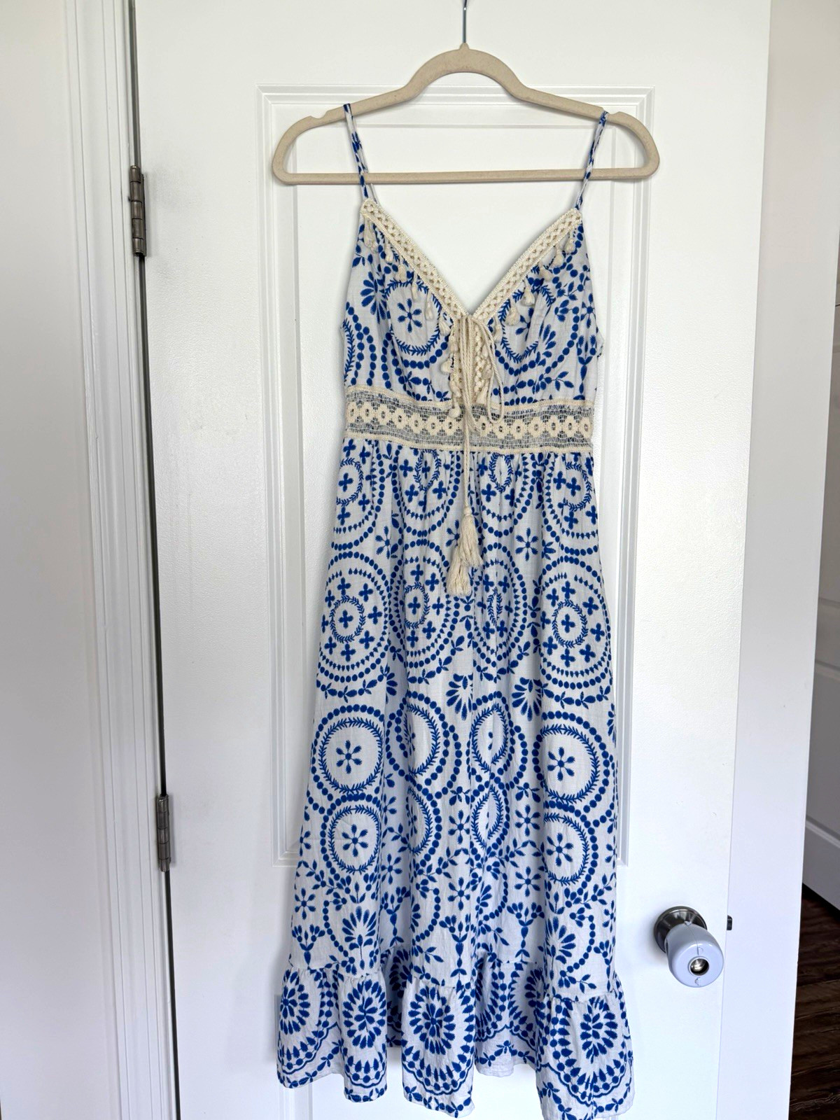 Blue White Floral V-Neck Spaghetti Strap Midi Sundress S Adjustable Tassel