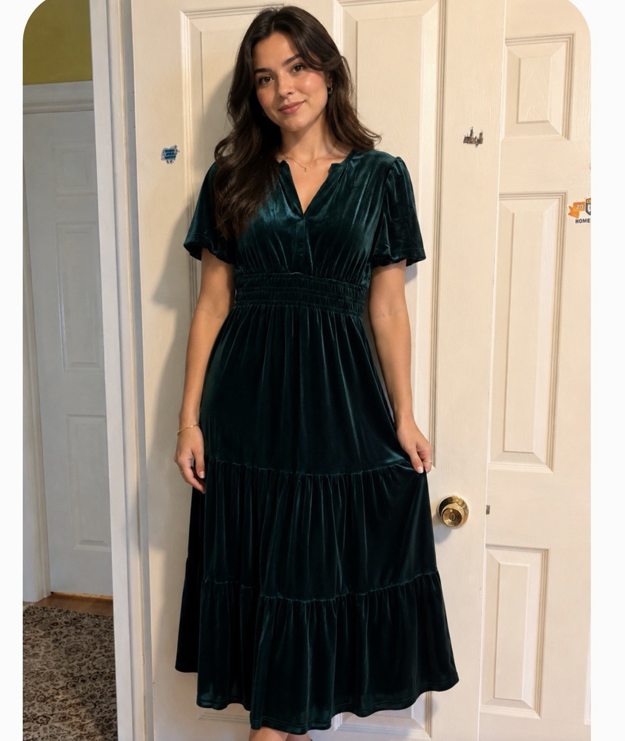 Women’s Green Velvet V-Neck Midi Dress XL Short Sleeve Smocked Waist Tiered