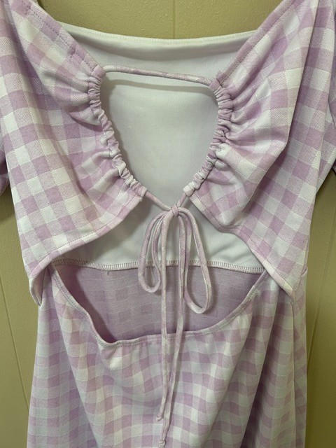 GILLI Women’s L Pink Lilac Gingham Puff Sleeve Open Back Mini Dress Cottagecore