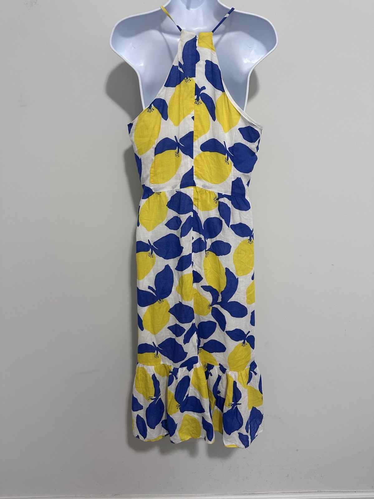 Loft Bright Yellow & Blue Lemon Print Sundress Midi Dress NWT