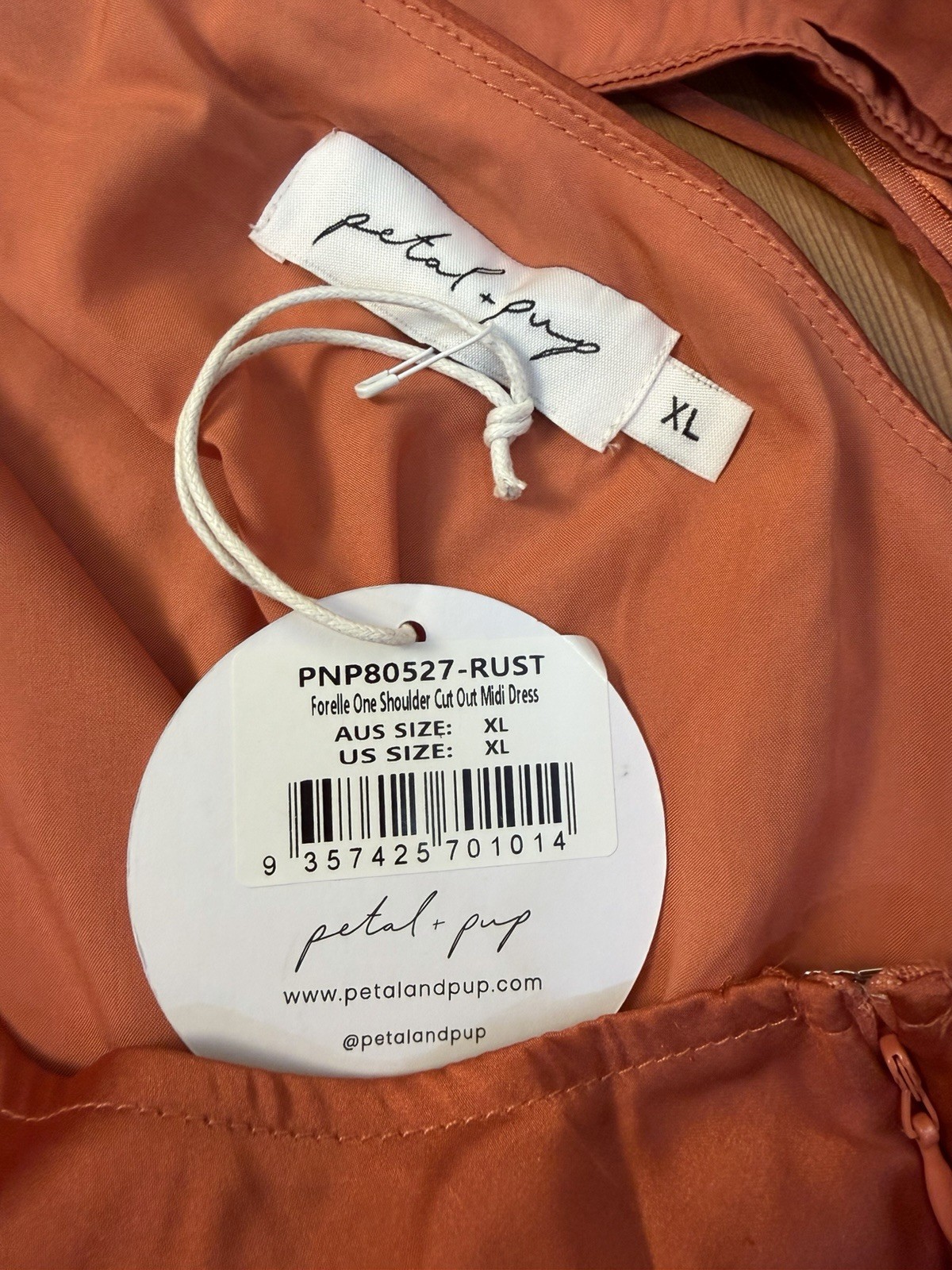 Petal & Pup Forelle One-Shoulder Cut Out Satin Midi Dress in Rust/Copper XL NWT