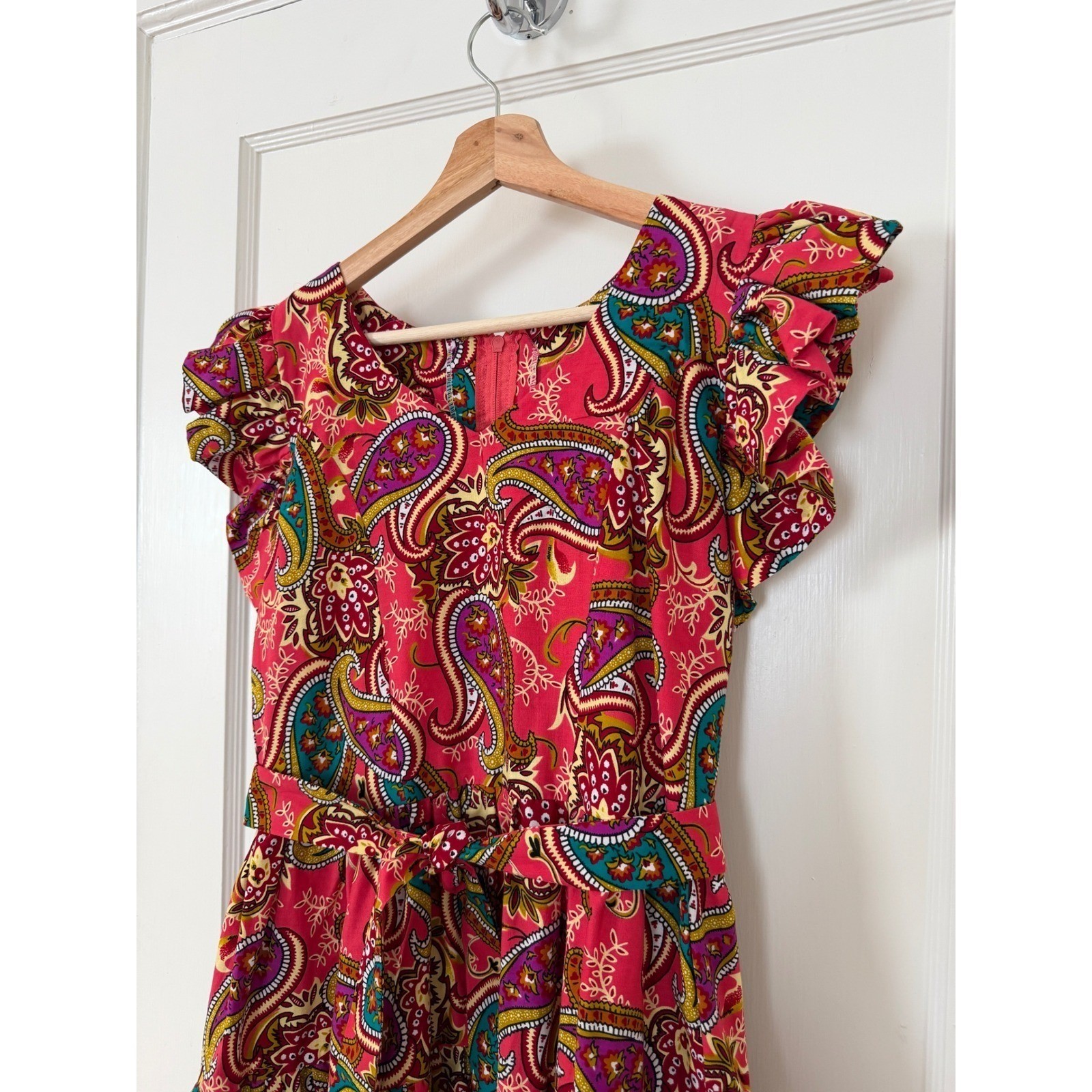 Pink Paisley Tiered Ruffle Sleeve Fit & Flare Cotton Dress Sz S: Boho, Party