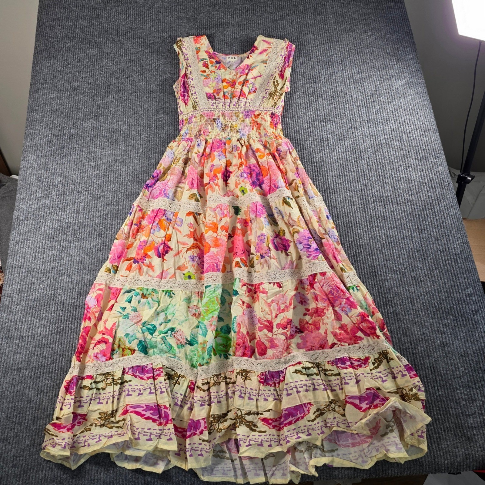 POL Womens Floral Patchwork Tiered Maxi Dress Smocked Waist Lace Trim Multi S
