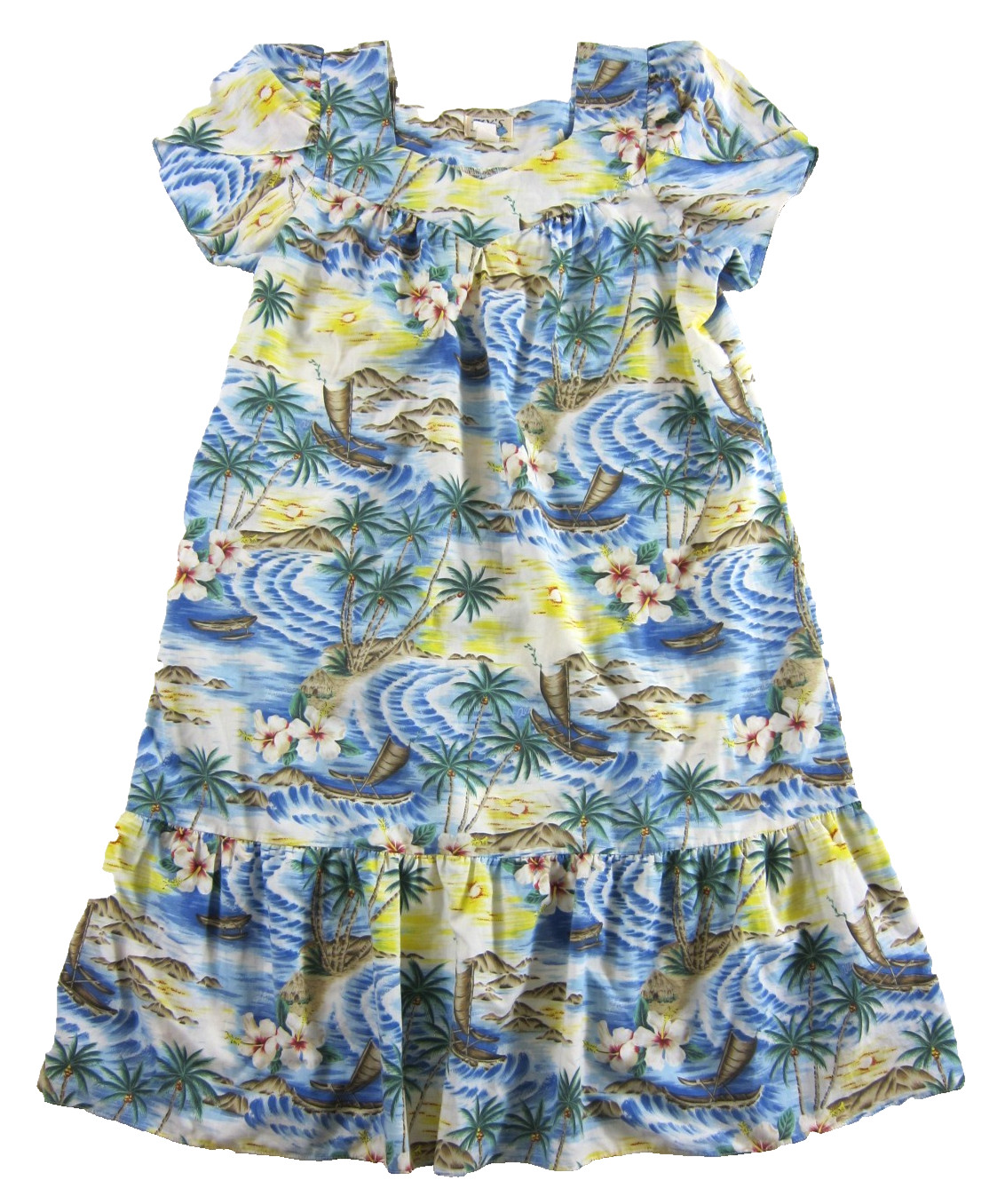 Vintage KY’S Hawaii Blue Yellow Pink Palm Tree Floral Short Sleeve Midi Dress XL
