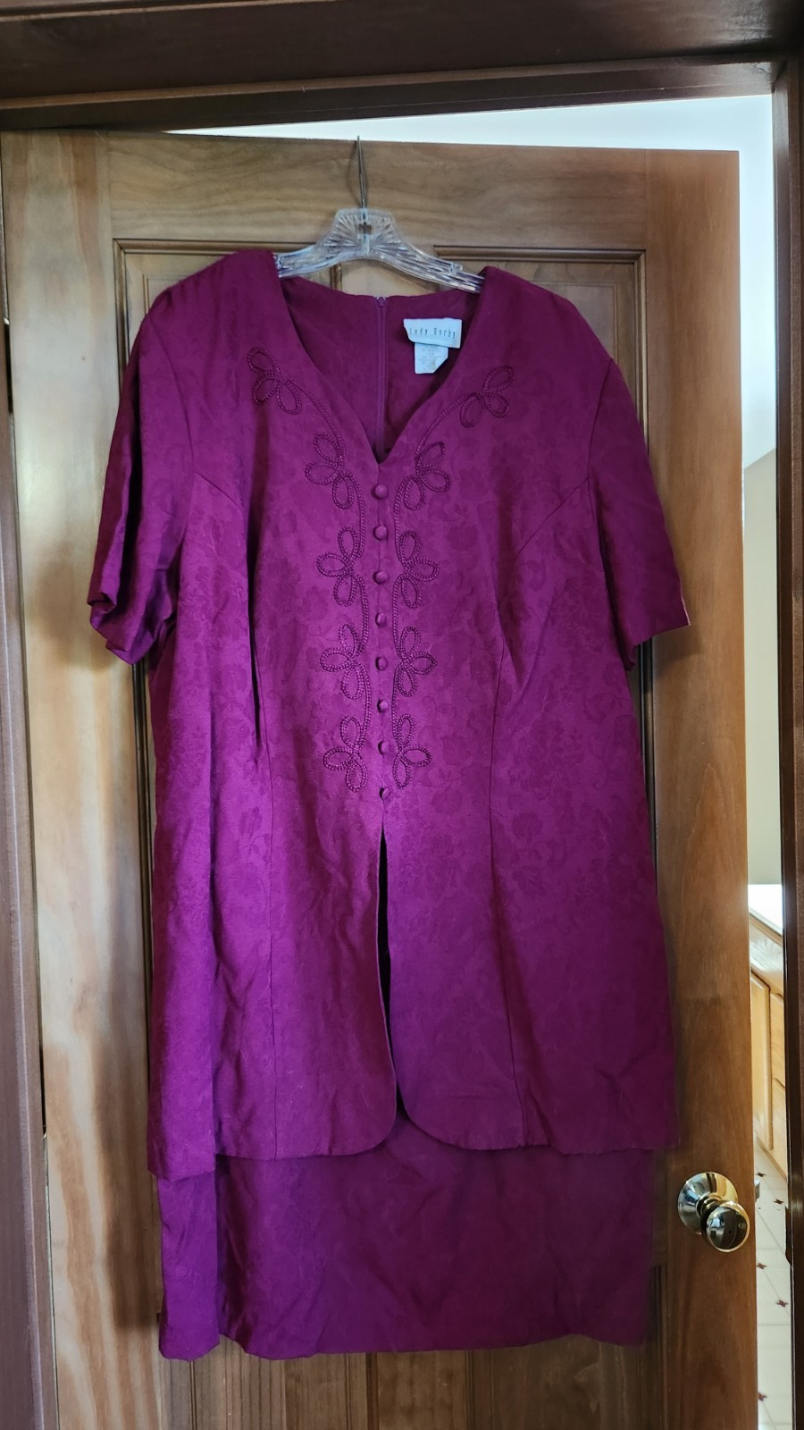 Lady Dorby Vintage Faux Blouse and Skirt Dress Maroon Magenta Floral Embroidered