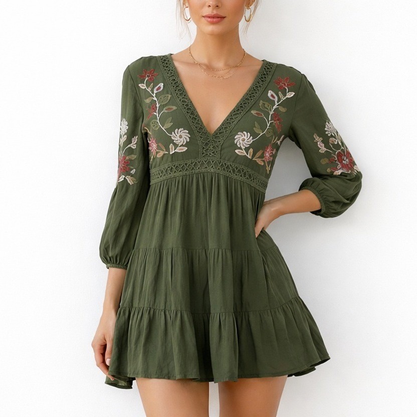 Mi Ami Dress Women Small Green Floral Embroidered Boho Mini Tiered Peasant Flowy