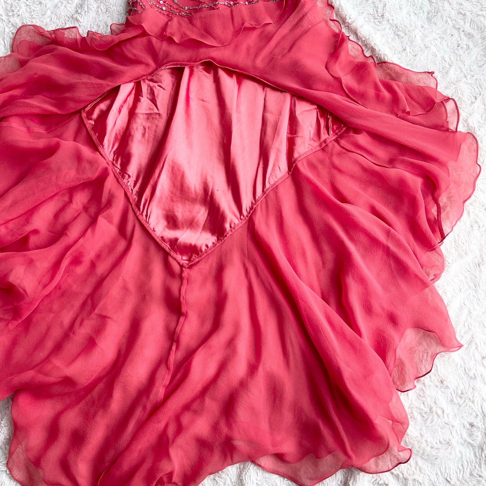 Scala coral pink 100% silk ruffle hem slip dress gown prom beaded sequin formal