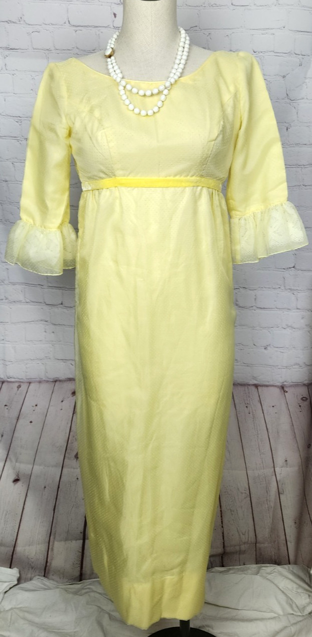 Vtg 60’s Lorrie Deb Dress Long 3/4 Sleeve Yellow Swiss Dots Hippie MOD Size XS