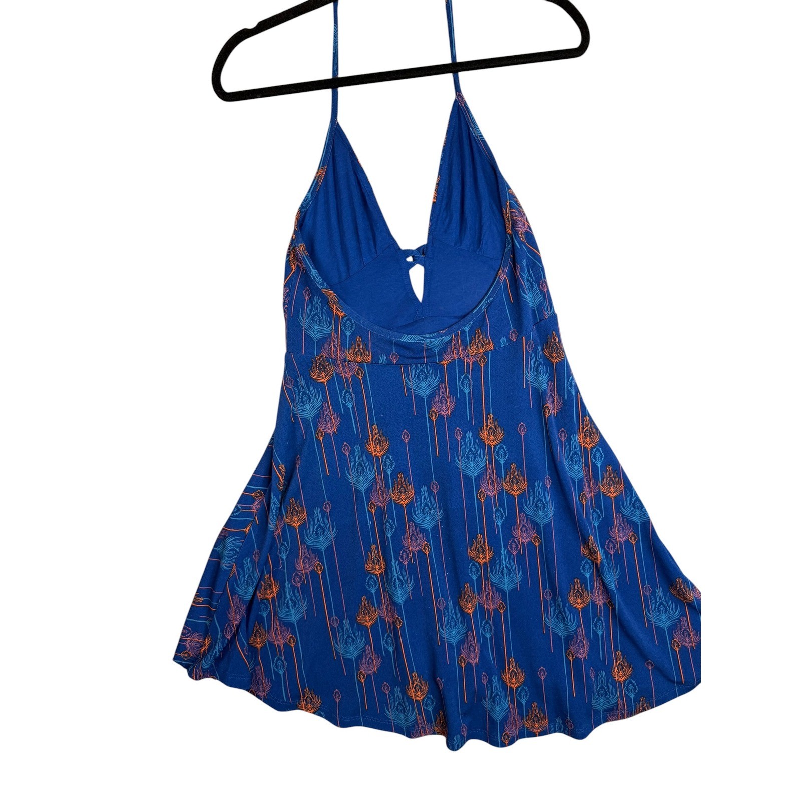 Free People Blue Peacock Feather Print Halter Mini Dress Boho Keyhole Size S