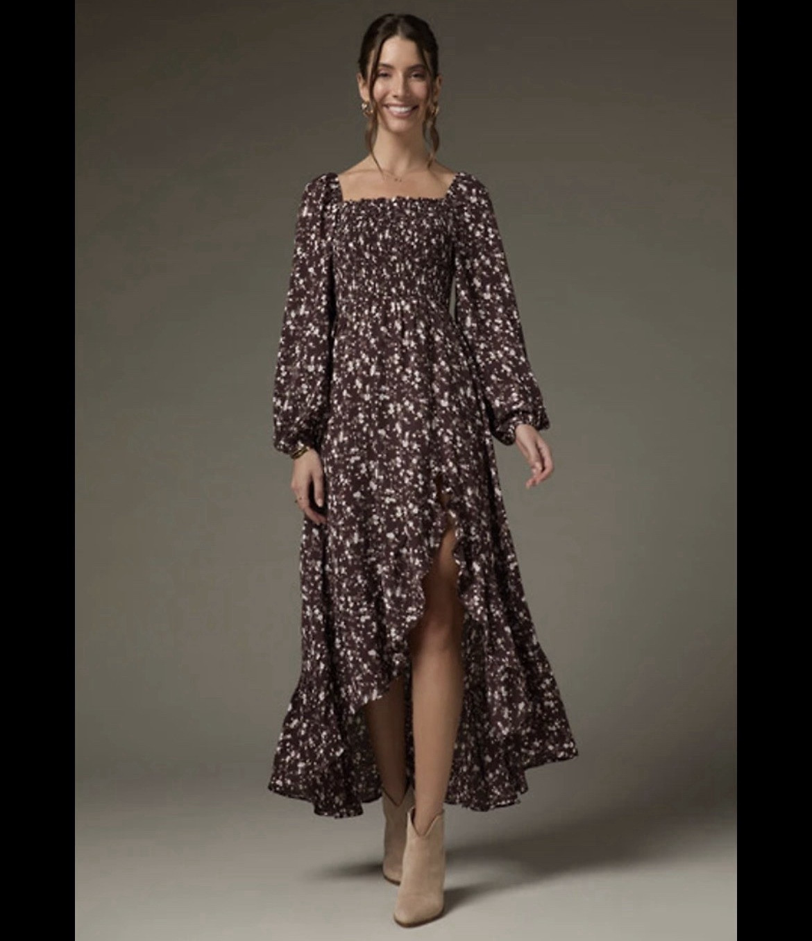francesca’s Brown Pink Floral Smocked Square Neck Ruffle Midi Dress XL