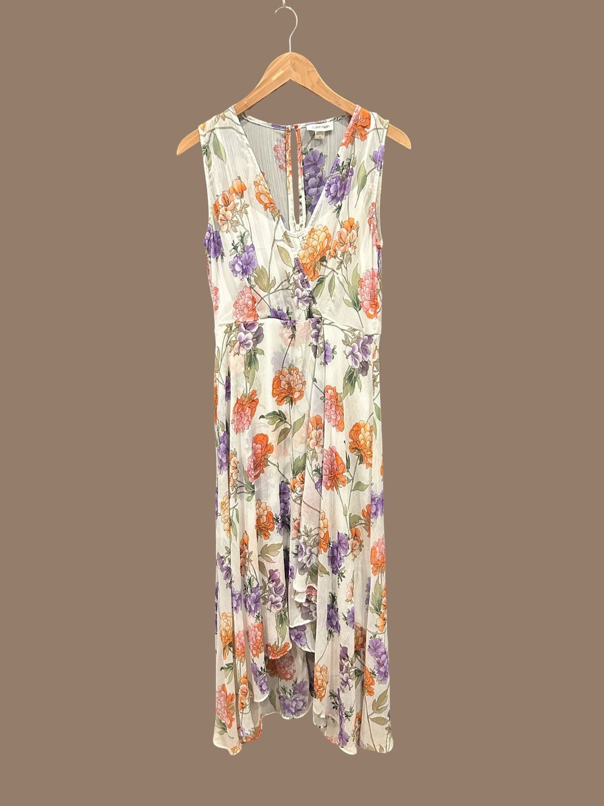 Calvin Klein Sleeveless Floral Chiffon High-Low Maxi Dress Size 8