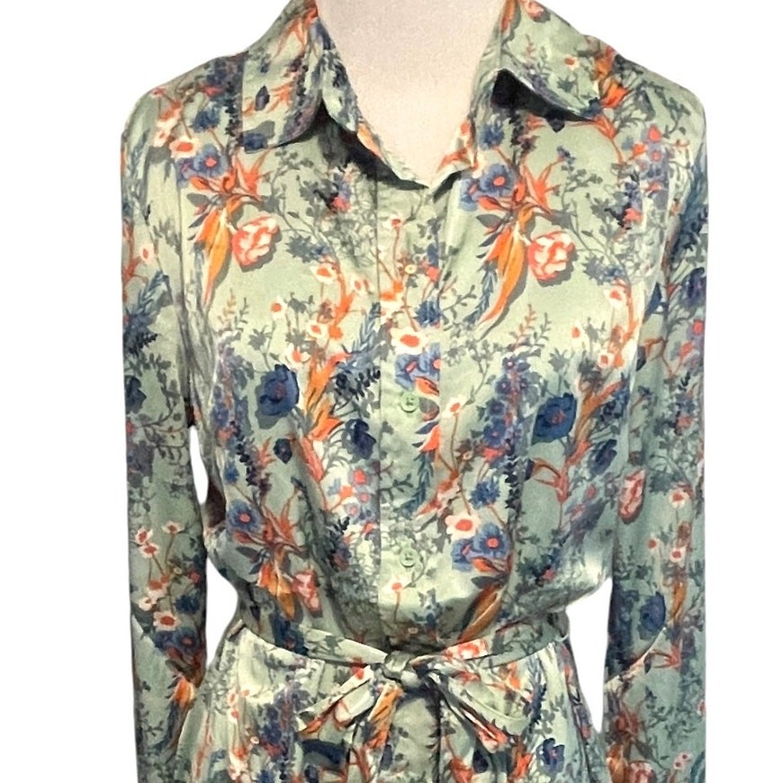 Ophelia Roe Mint Floral Belted Midi Shirt Dress Womens Size Small Shirtdress