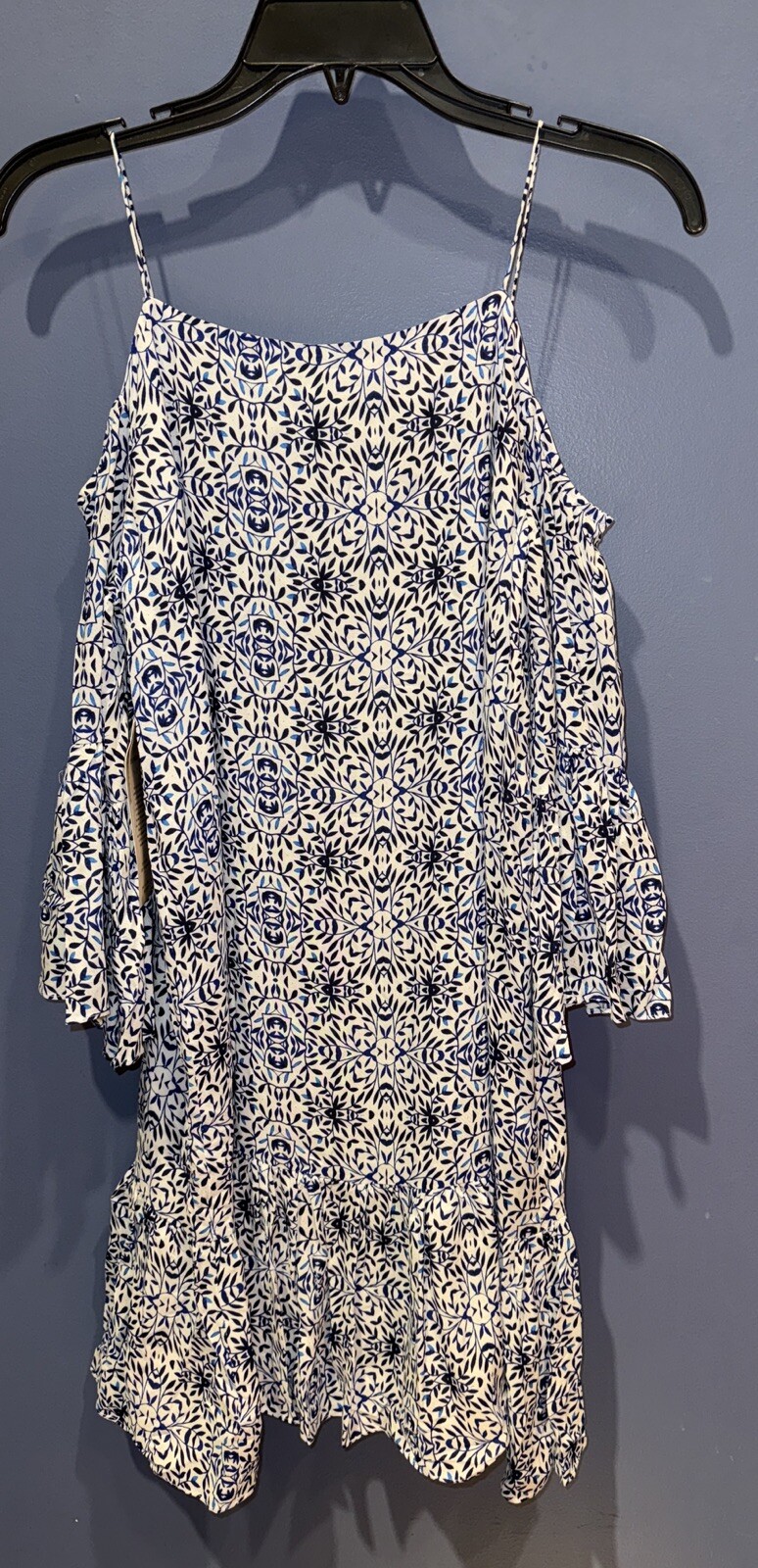 Womens Small Dress, Strappy Cold Shoulder, Short, Lined, White Blue Floral $198