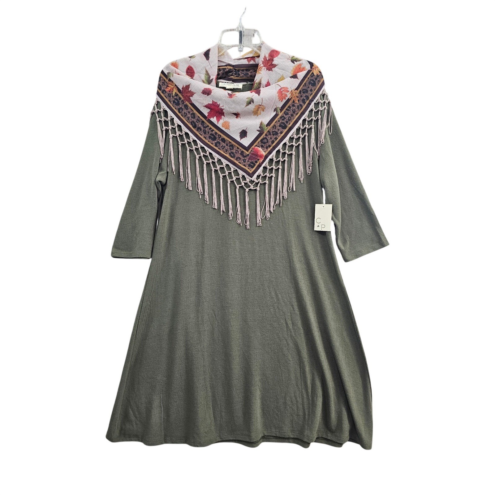 Cactus + Pearl Tunic Dress XL Olive Fall Autumn w Leaf Leopard Fringe Scarf New