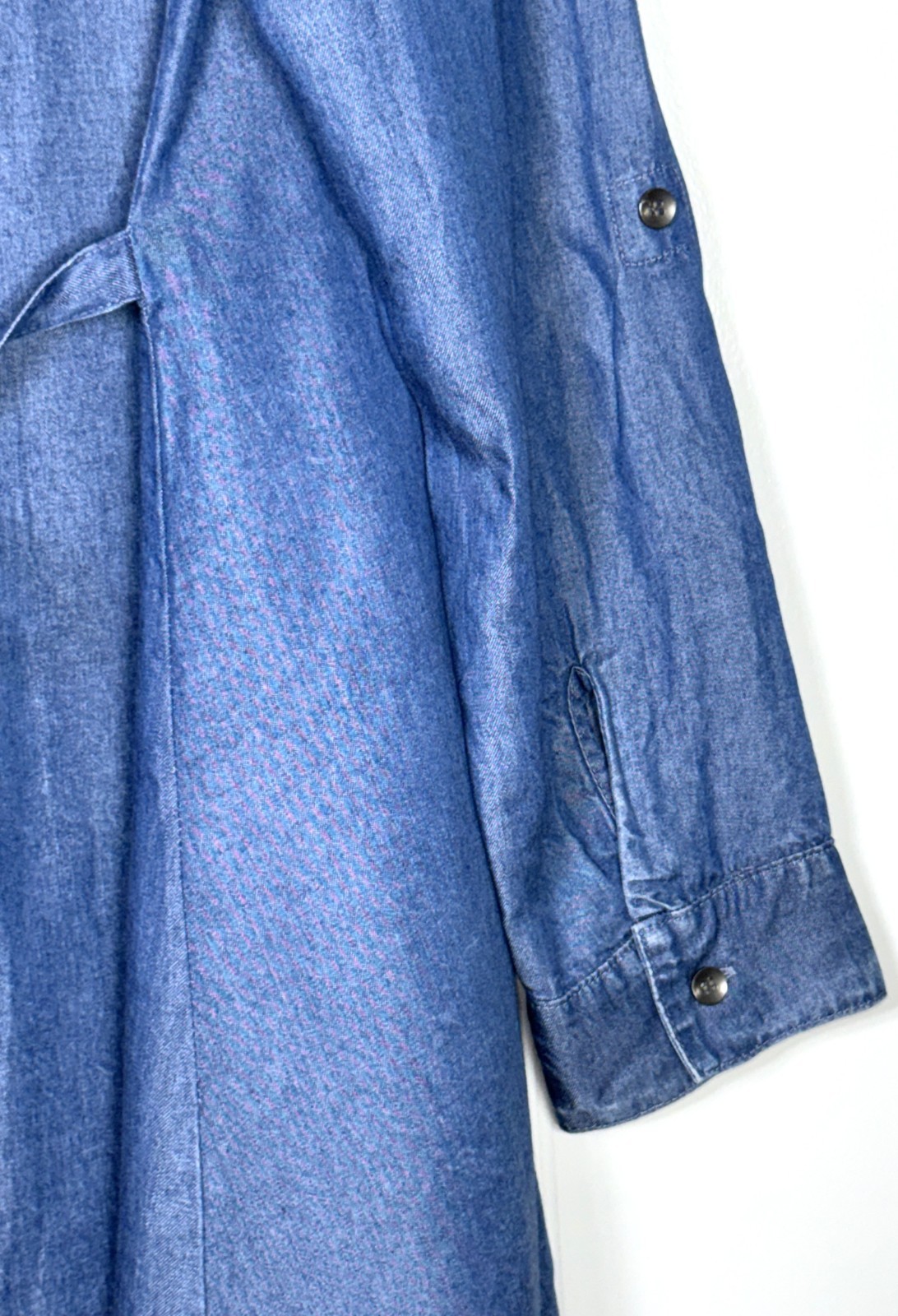 Splendid Blue Chambray Denim Tencel Button-Up Back Tie Roll Tab Shirt Dress L