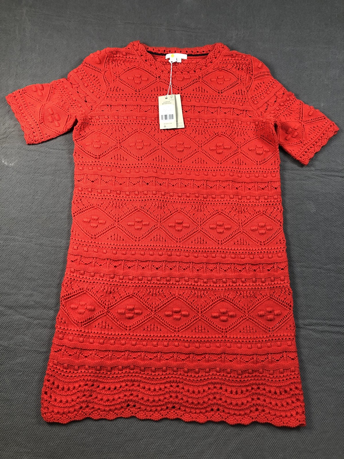 Boden Sweater Dress Womens 8 Red Crochet Knit Short Sleeve Shift Lined NWT