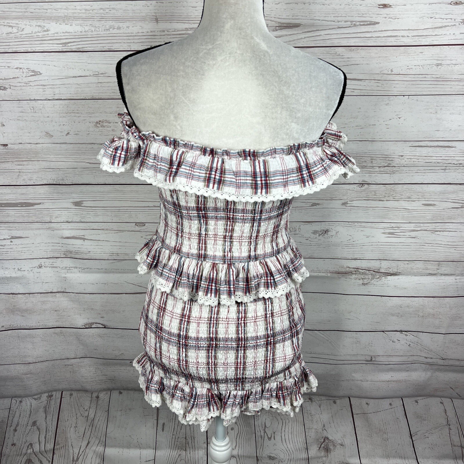 Tularosa Revolve Teri Dress Size Medium Plaid Ruffle Smocked Off Shoulder Mini