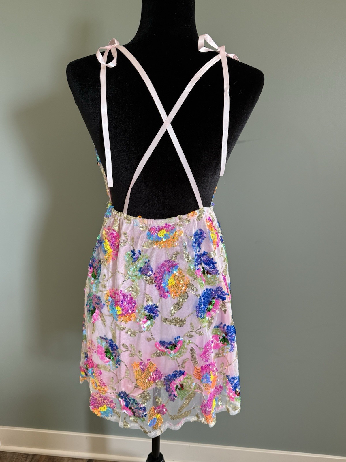 Pink Sequin Floral Mesh Mini Dress Open Back Tie Straps Festival Party Size S