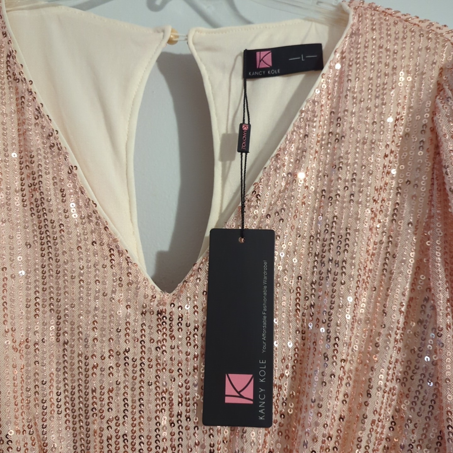 KANCY KOLE Sequin Dress VNeck Puff Long Sleeve Side Ruched Bodycom Jr Miss L NWT