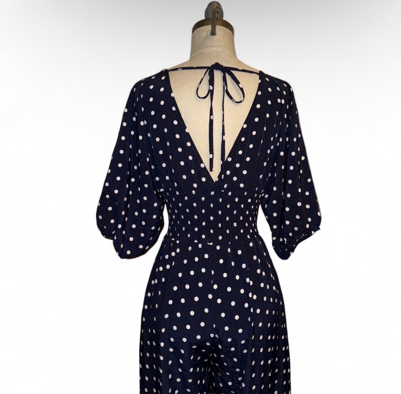 Polka Dot Navy & White Jumper Ruched Waist Tie Back Size Small To Medium