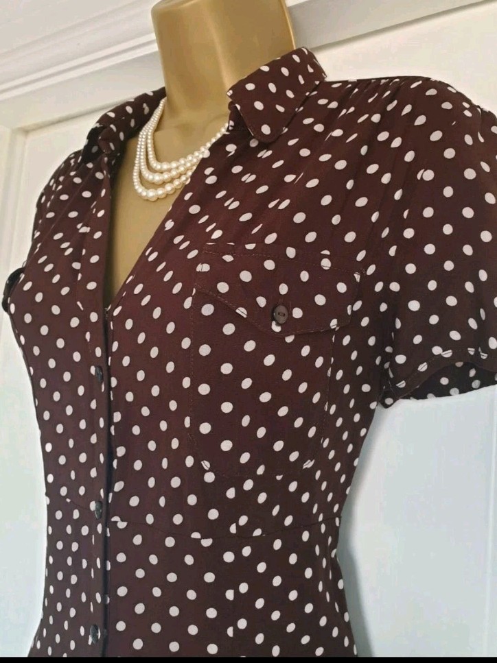 Vintage 1940s 1950s Style brown polka-dot Summer shirt dress Size 10 TWINWOOD