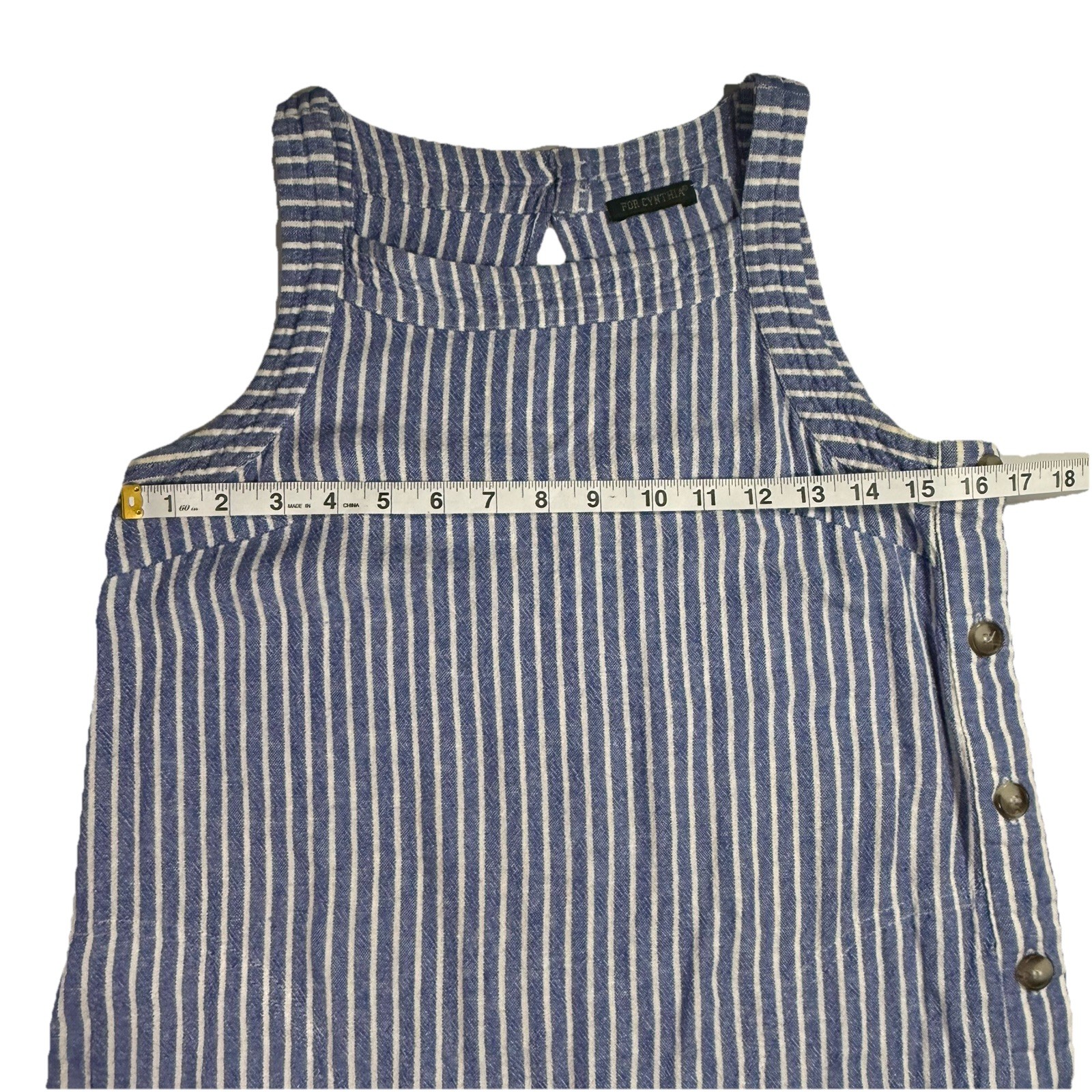 Blue White Vertical Striped For Cynthia Linen Blend Shift Dress W/ Button Sides