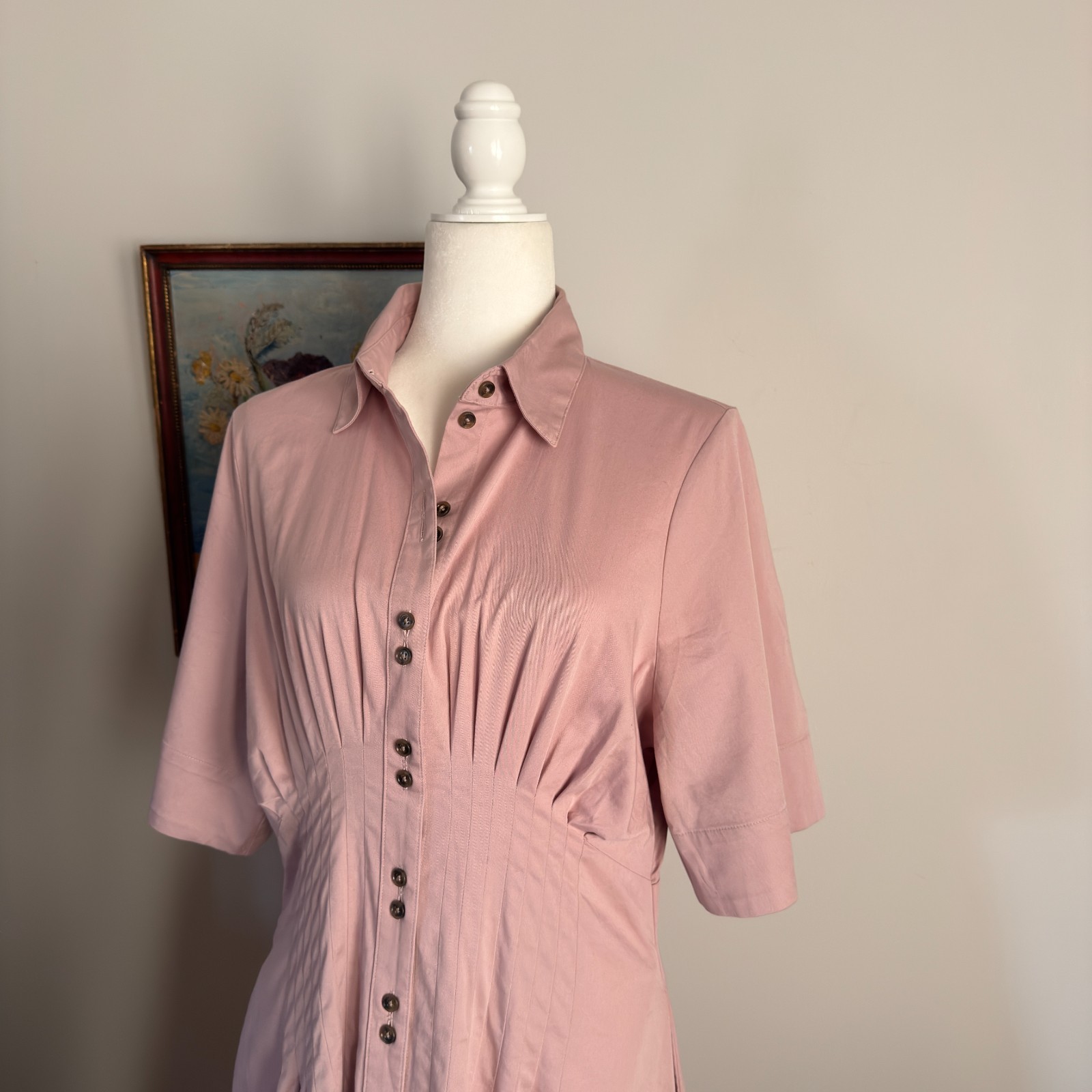 Banana Republic Pink Pintuck Maxi Shirt Dress Fit Flare Cotton Small Minimalist