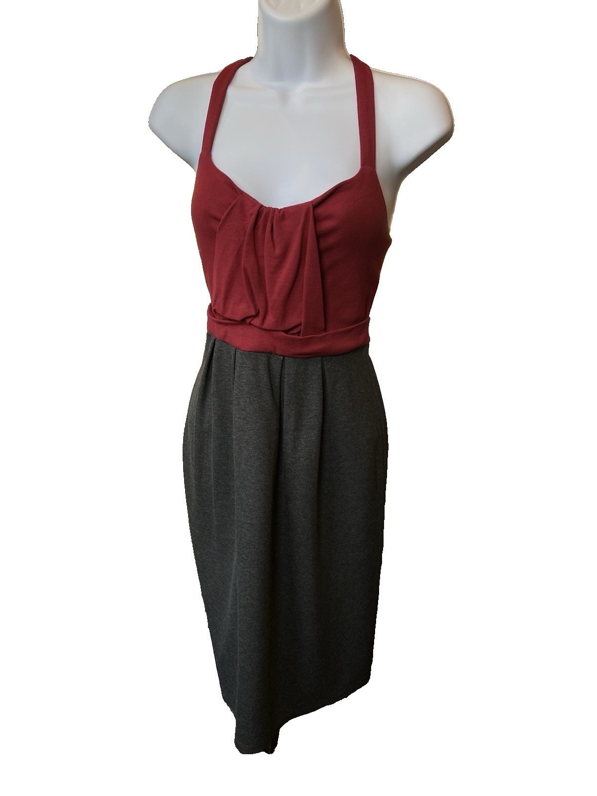 Ella Moss Dress Size Medium Burgundy & Gray Colorblock Front Twist Ruffle Detail
