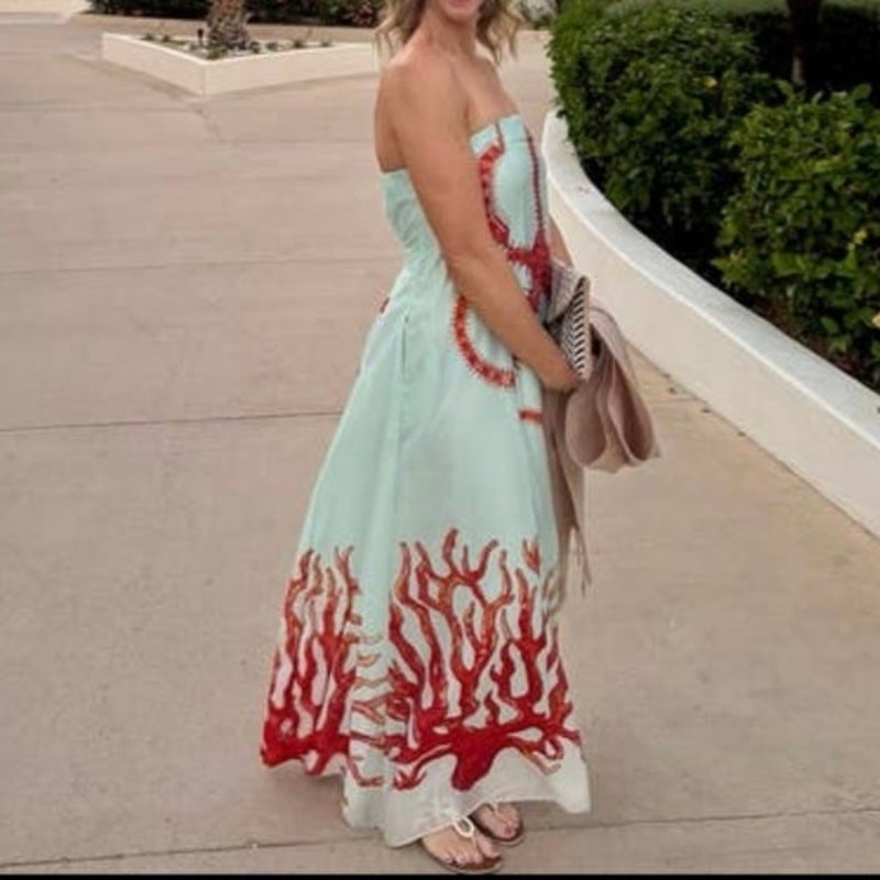 MUMA WORLD Blue Red Starfish Print SleevelessUrsa Maxi Dress size Large
