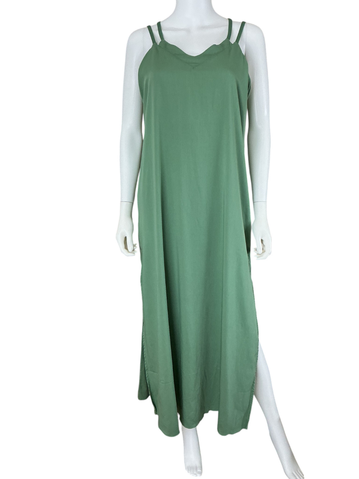 SheBird The Savannah Strappy Maxi Bra Dress Green Bamboo Blend sz 4 Slit Pockets