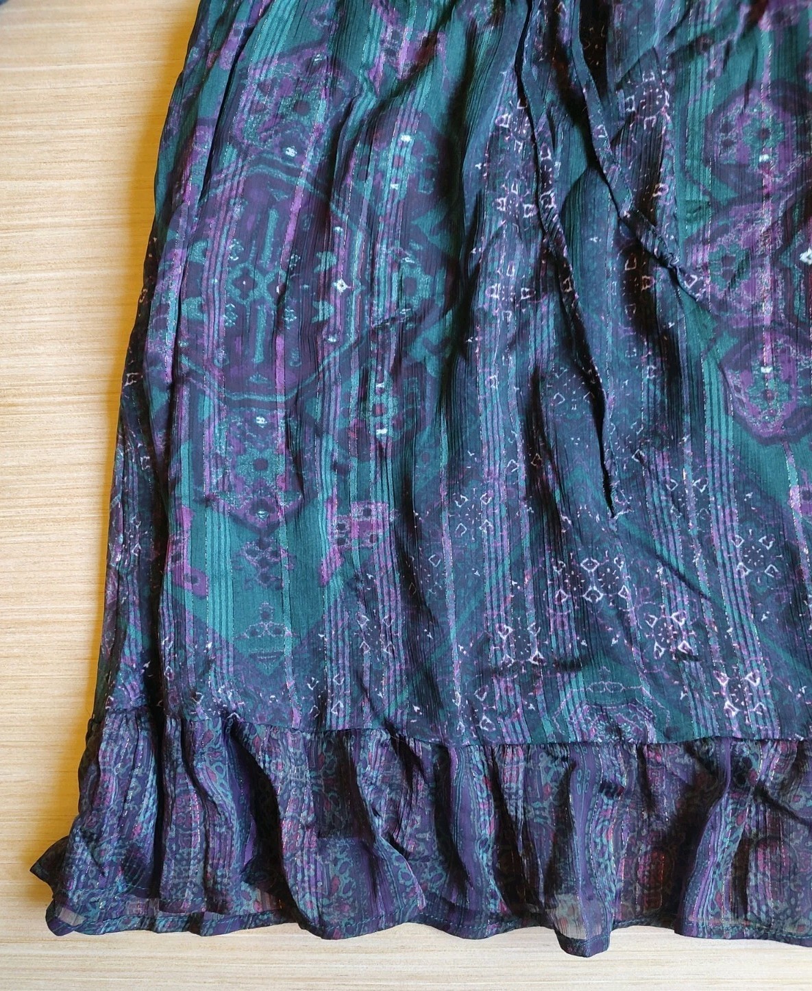 Frye Knee Length Dress Ruffle Buttons Lurex Green Purple Floral Size M Women’s