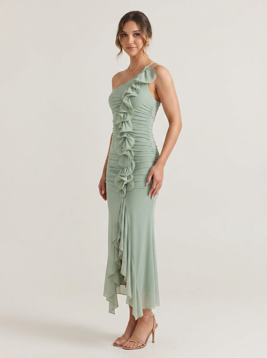 Romantic Sage Ruffled One-Shoulder Dress