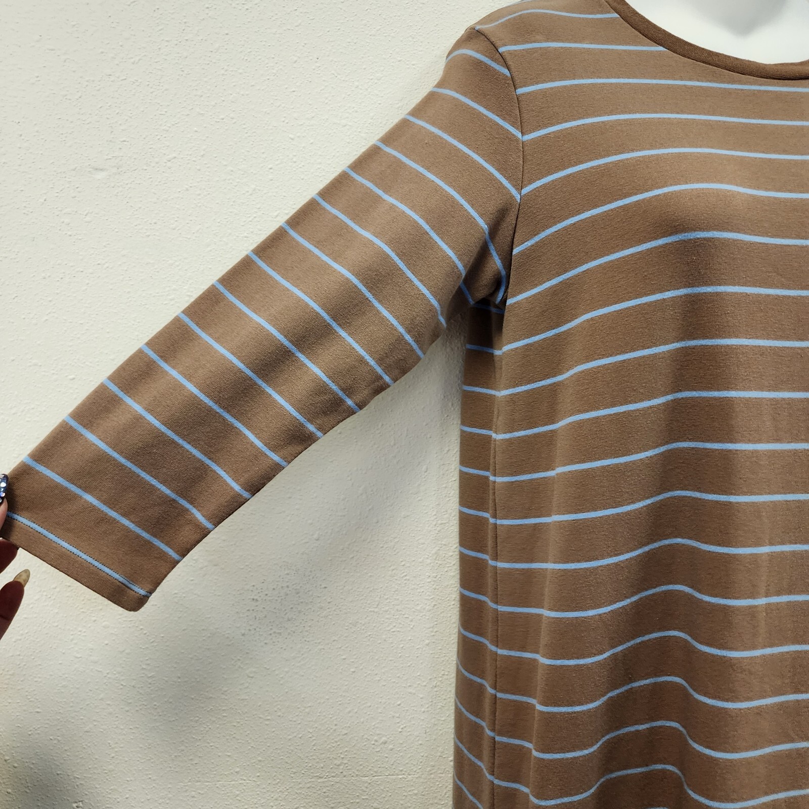 Mod Ref Maxi Cotton tshirt Dress M Brown blue Stripes 1/2 Slv Casual Minimalist