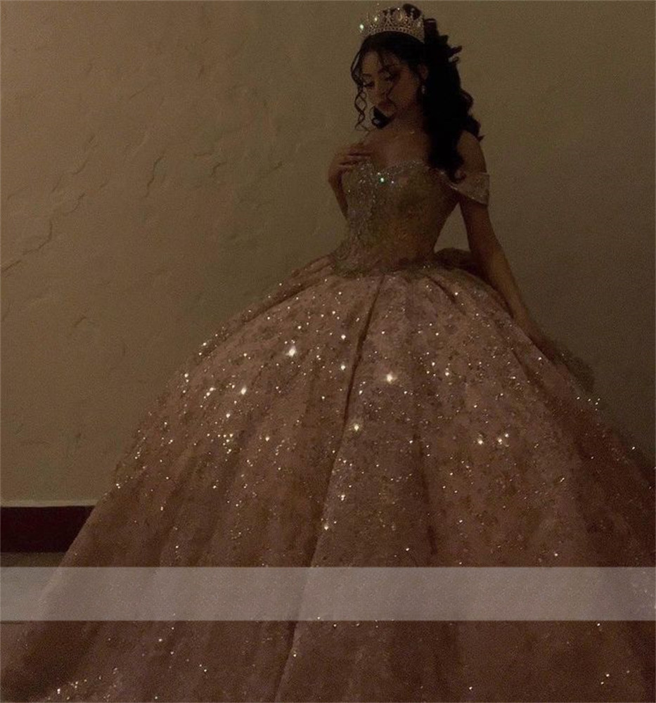 Champagne Rose Gold Quinceanera Dresses Sparkly Lace Ball Gown Bow Back Sweet 16
