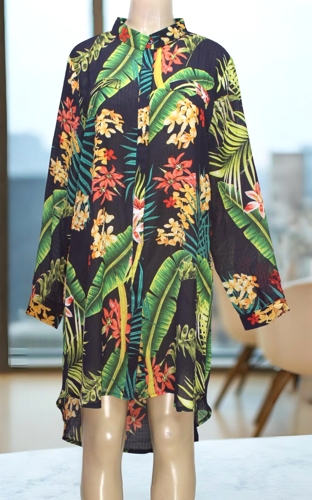 Papillon Dress Tunic Long Sleeve Tropical Print Multicolor Navy Sheer Size XL