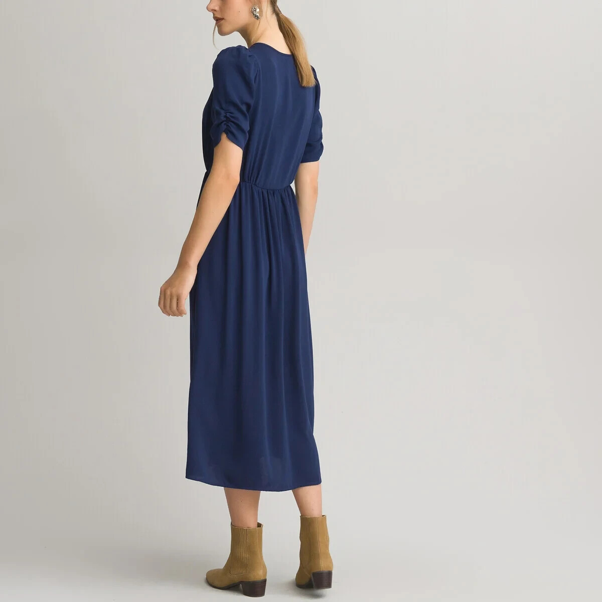 La Redoute Navy V-Neck Midi Dress Size 12 Short Puff Sleeves Draping RRP £52