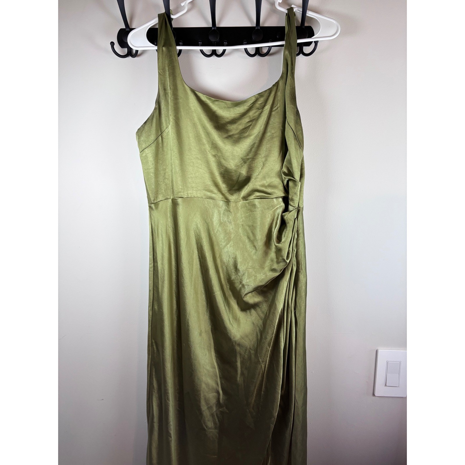 Billy J Exclusive Olive Green Satin Cowl Neck Midi Dress Sleeveless Formal L
