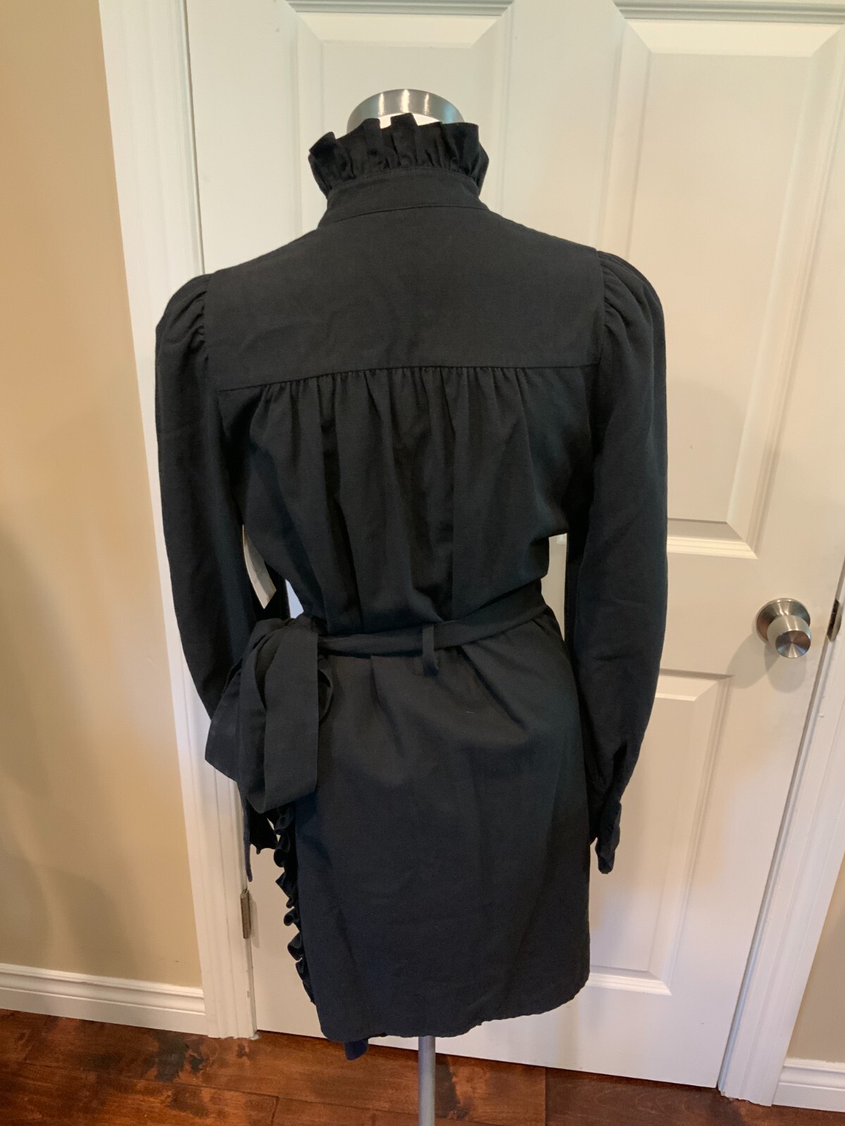 Goen.J Black Asymmetrical Button-Up Ruffle Shirt Dress W/ Tie, Size 6
