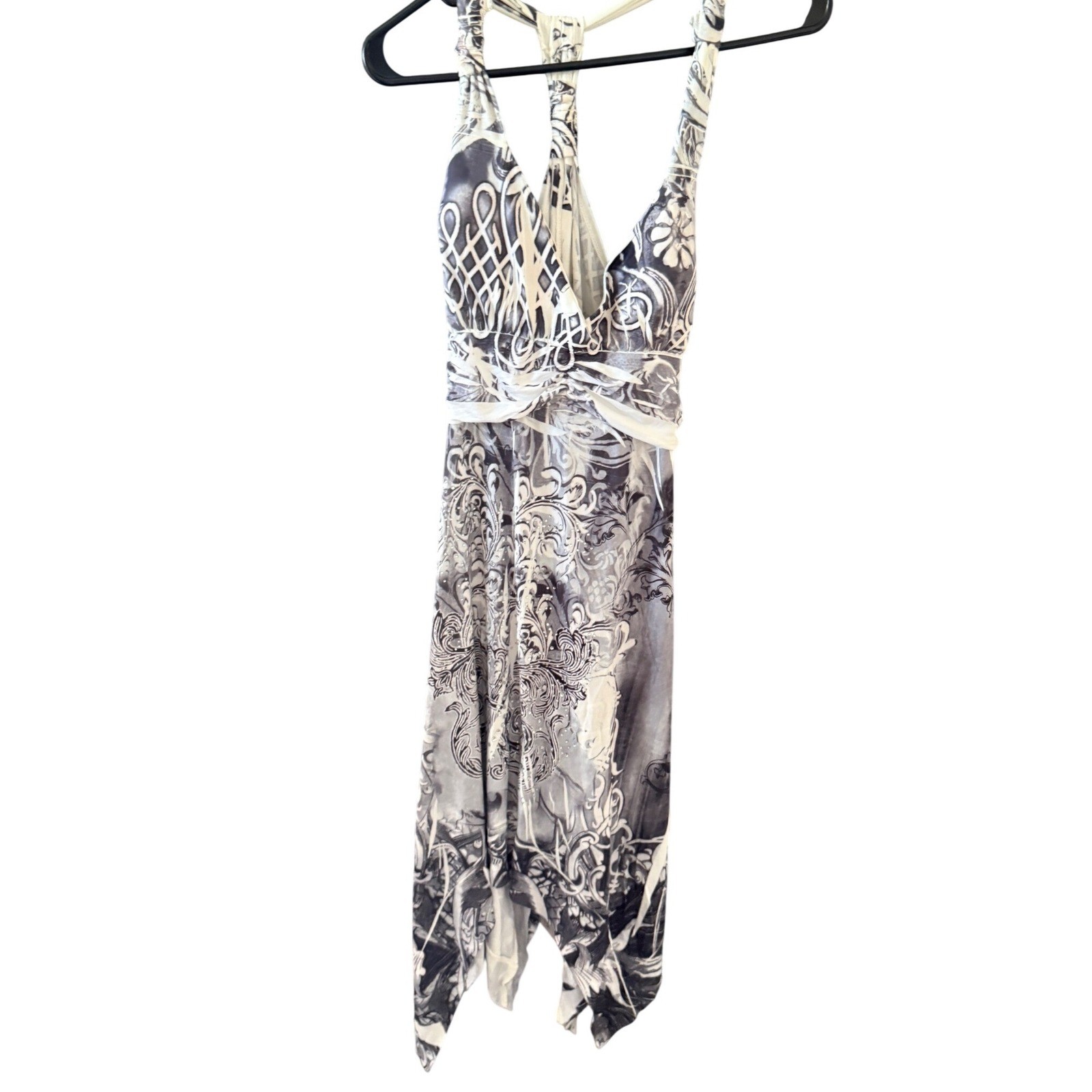 CristinaLove Gray Baroque Floral Rhinestone Handkerchief Hem Racerback Dress