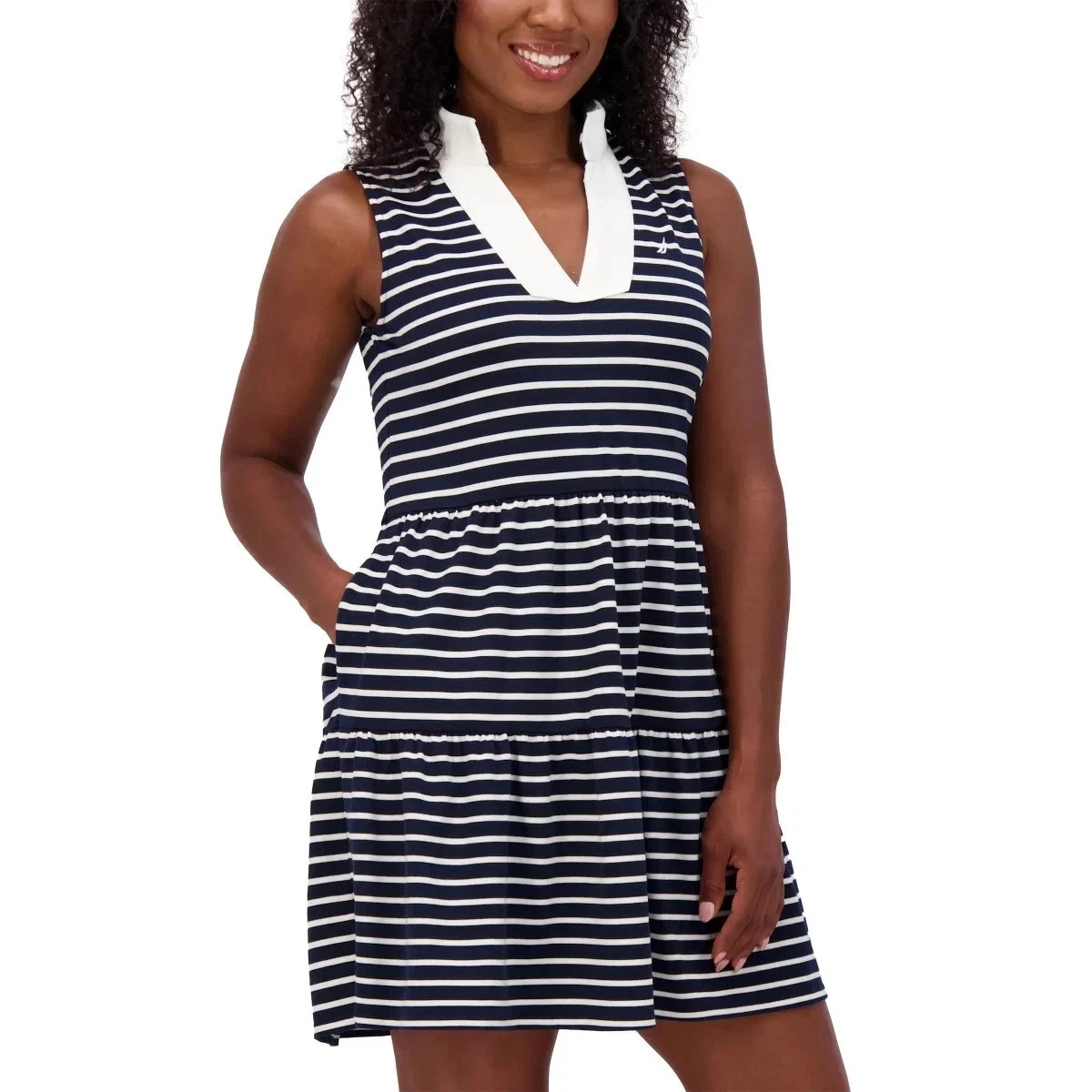 Nautica Jeans Women’s Tiered Collar Sleeveless Mini Dress, Navy/Ivory, Size S